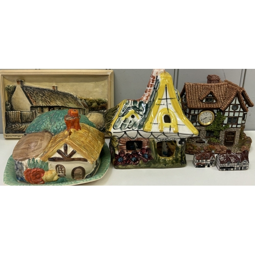 140 - Mixed collection of miniature cottages, together with a framed Osborne Ivorex plaque depicting Burns... 
