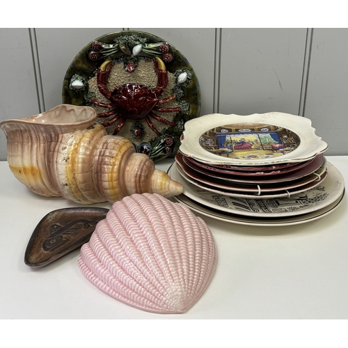 142 - Collection of 12 vintage wall decor. To include display plates, unusual crab plate & shells.