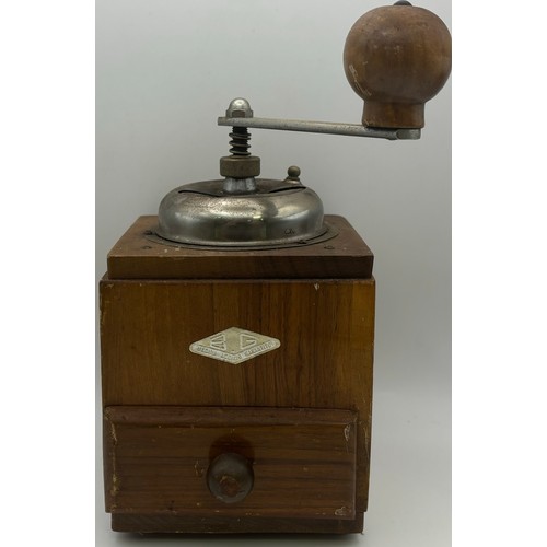 144 - Collection of vintage tableware. To include coffee grinder, branded Horlicks mixers, coaster set, et... 