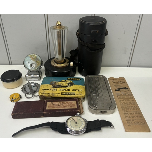 145 - Mixed lot of vintage items. To include Sigma (for Minolta) 70mm-250mm zoom lens with case; slide rul... 