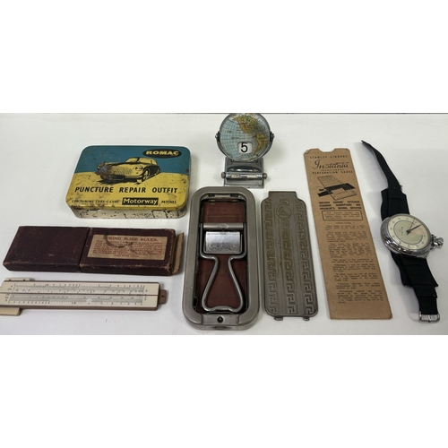 145 - Mixed lot of vintage items. To include Sigma (for Minolta) 70mm-250mm zoom lens with case; slide rul... 