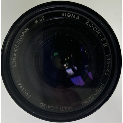 145 - Mixed lot of vintage items. To include Sigma (for Minolta) 70mm-250mm zoom lens with case; slide rul... 