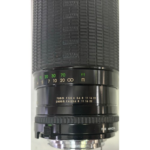 145 - Mixed lot of vintage items. To include Sigma (for Minolta) 70mm-250mm zoom lens with case; slide rul... 