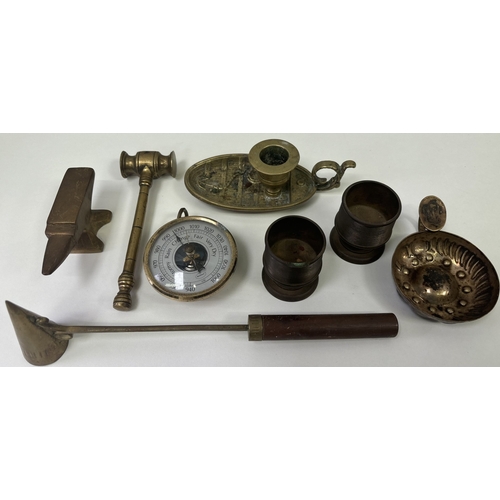 146 - Large collection of decorative brassware. To include horse brasses, compass, teapot, candle snuffer,... 