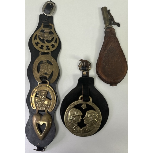 146 - Large collection of decorative brassware. To include horse brasses, compass, teapot, candle snuffer,... 