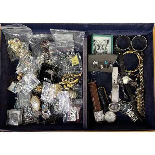 162 - Tabletop cabinet full of silver & costume jewellery, together with a selection of dress watches. To ... 
