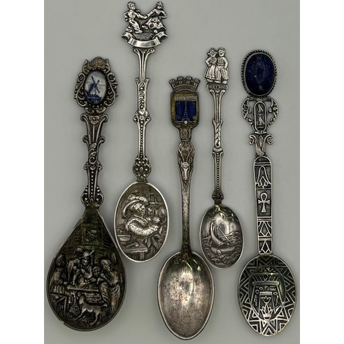 170 - Collection of 5 European silver & tourist spoons. Three of Dutch origin, one French & one likely Egy... 