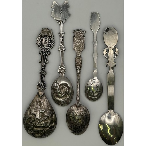 170 - Collection of 5 European silver & tourist spoons. Three of Dutch origin, one French & one likely Egy... 
