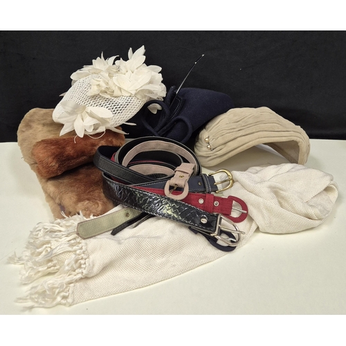 177 - Selection of vintage ladies clothing accessories. To include belts, shawls, fascinators, etc.