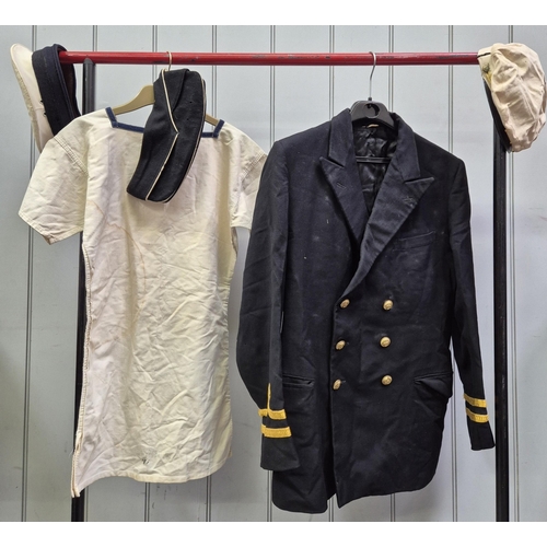 179 - Collection of 7 vintage military uniform/dressing up clothes. To include 3 Navy hats, Navy jacket, N... 