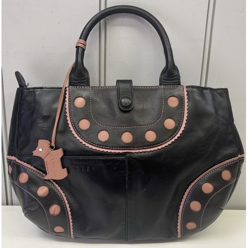 246 - Collection of 3 handbags. To include Radley brown & pink leather bag. Largest 16cm x 31cm.