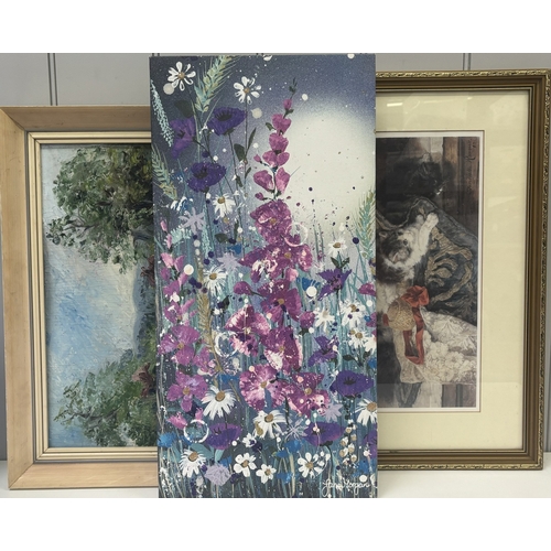 255 - 3 pieces of artwork. To include framed oil entitled Wild Garden, by Betty Birch; floral canvas, by J... 