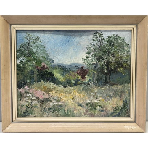 255 - 3 pieces of artwork. To include framed oil entitled Wild Garden, by Betty Birch; floral canvas, by J... 