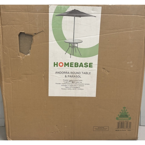 257 - Boxed/unopened Homebase Andorra outside round table & parasol set.