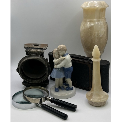 2413 - Mixed Lot. To include an alabaster lidded urn, EB Porzellanfiguren Gräfenthal (German) couple figuri... 