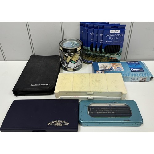 2672 - Selection of unused & used artist's materials. To include watercolour pencils, paints, etc.