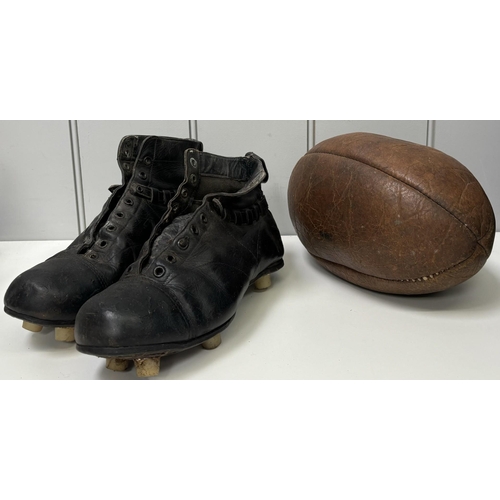 2721 - Vintage leather rugby ball & boots.