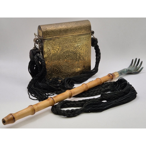 2774 - Early 20th century, brass Quran box, likely Moroccan; together with a vintage bamboo backscratcher.