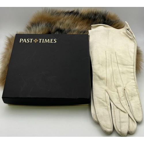 276 - Vintage faux fur stool, ladies white leather gloves & boxed Past Times photo frame.