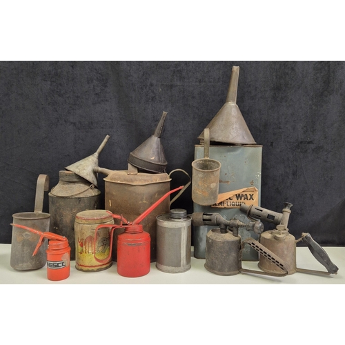 284 - Collection of vintage oil cans, blow torches & funnels.