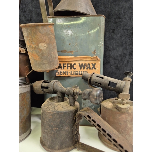 284 - Collection of vintage oil cans, blow torches & funnels.
