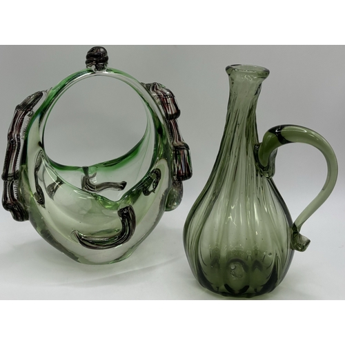 75 - Collection of 13 pieces of mid-century & later green glass decorative pieces. To include candy bowls... 