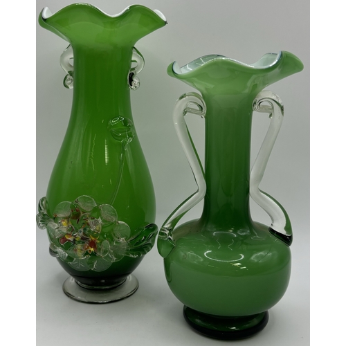 75 - Collection of 13 pieces of mid-century & later green glass decorative pieces. To include candy bowls... 