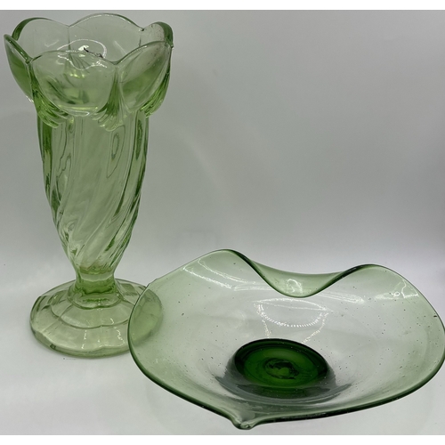 75 - Collection of 13 pieces of mid-century & later green glass decorative pieces. To include candy bowls... 