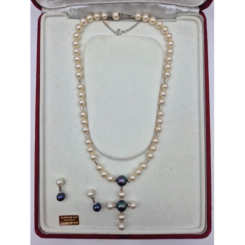 1705 - Majorica pearl necklace & earrings set, with 925 silver fixings. Complete with original packaging & ... 