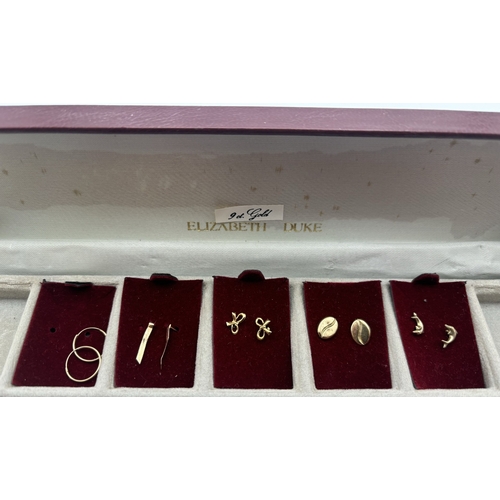 1718 - Set of 5 pairs of 9ct gold earrings, with silver backs, together with silver brooch, silver bangle &... 