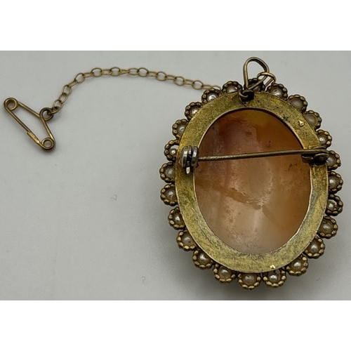 1731 - Two yellow-metal brooches. To include an oval cameo surrounded by seed pearls, with detachable safet... 
