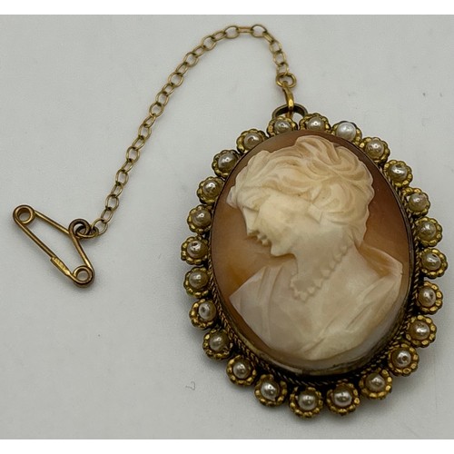 1731 - Two yellow-metal brooches. To include an oval cameo surrounded by seed pearls, with detachable safet... 