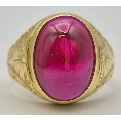 1767 - 14ct gold signet ring, with set ruby. Approx. size T. Combined weight approx. 10.2g.