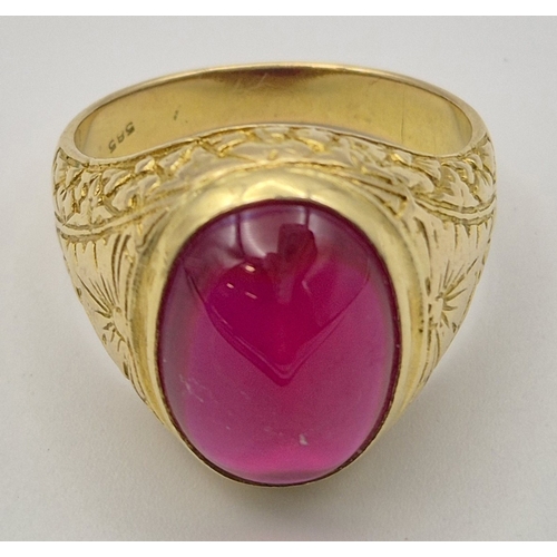 1767 - 14ct gold signet ring, with set ruby. Approx. size T. Combined weight approx. 10.2g.
