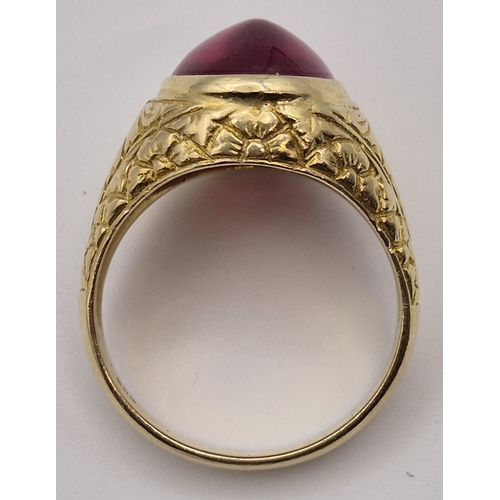 1767 - 14ct gold signet ring, with set ruby. Approx. size T. Combined weight approx. 10.2g.