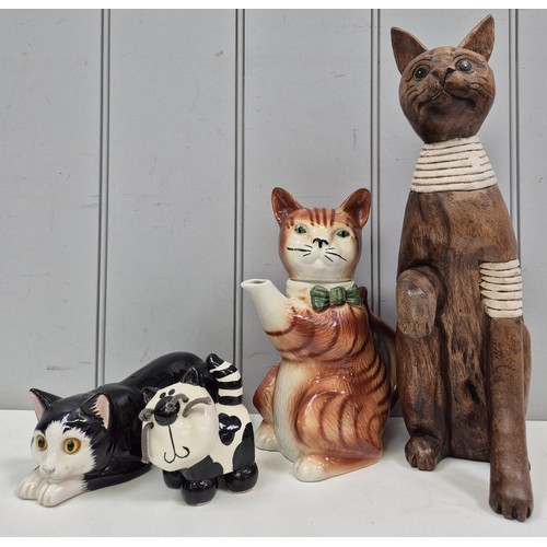 2768 - Mixed lot of cat-related home decor. To include 40cm wooden carved example, Tony Wood teapot, Just C... 