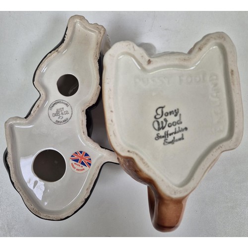 2768 - Mixed lot of cat-related home decor. To include 40cm wooden carved example, Tony Wood teapot, Just C... 