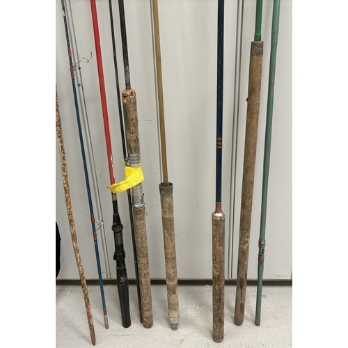 665 - Collection of antique & vintage fishing equipment. To include 4 cork-handles rods, stand & portable ... 