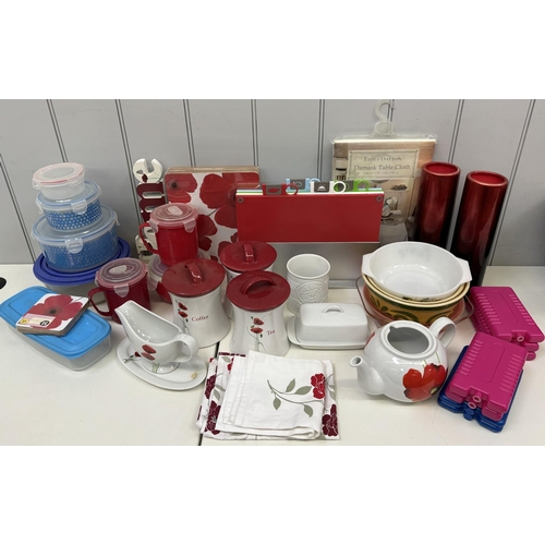 2152 - Large selection of mostly new/unused kitchenware. To include 'Poppy' dinnerware, tupperware, tablecl... 