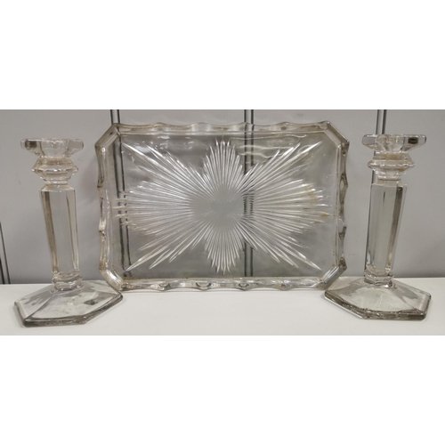 2113 - A pair of vintage glass candleholders (18cm tall), together with a cut-glass serving dish (28cm leng... 
