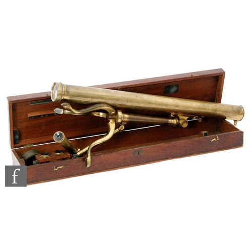 149 - A 19th Century brass telescope by I Ramage Aberdeen on folding tripod base with accessories in a fit... 