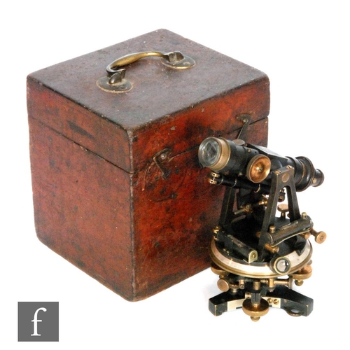 153 - An early lacquered brass theodolite with accessories in mahogany fitted case, height 19cm