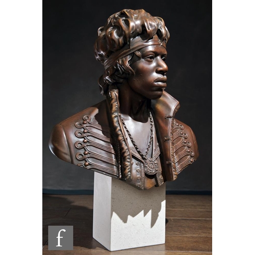 235 - A Roger Southall original bronze bust of Jimi Hendrix wearing a Hussars pelise cavalry jacket mounte... 