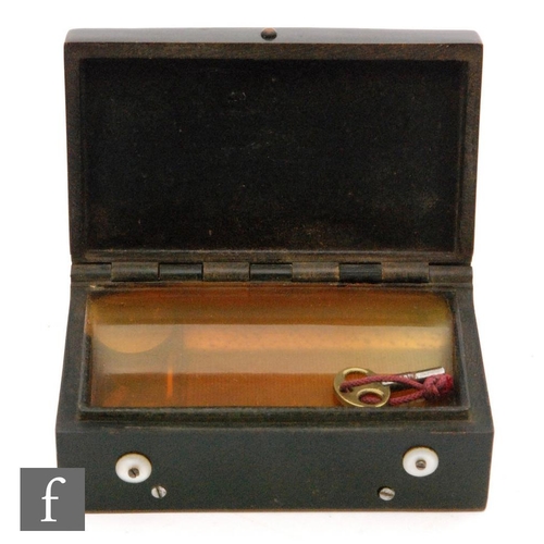 303 - A French musical snuff box playing two airs, 6.5cm cylinder in ebonite case with a hunting scene ben... 