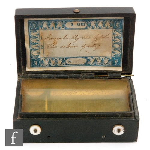 304 - A French musical snuff box playing two airs, 6.5cm cylinder with tune card, the inset cover with cle... 