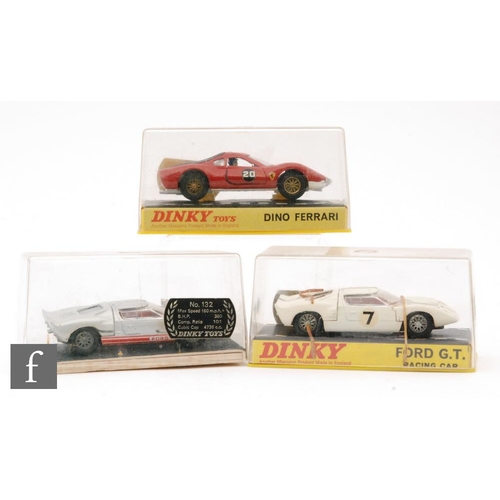 673 - Three boxed Dinky Toys diecast model cars, #132 Ford 40RV in silver with red interior, #216 Dino Fer... 