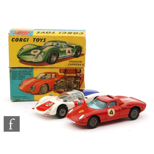 674 - Two Corgi Toys diecast model cars, a #330 Porsche Carrera 6 in white with red engine covers and door... 