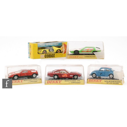 676 - Four Dinky Toys diecast model cars, a #190 Monteverdi 375L, a #224 Mercedes Benz CIII, a #189 Lambor... 