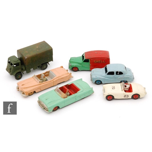 681 - Six Dinky Toys diecast model cars, a #132 Packard Convertible in green with red interior and hubs, a... 