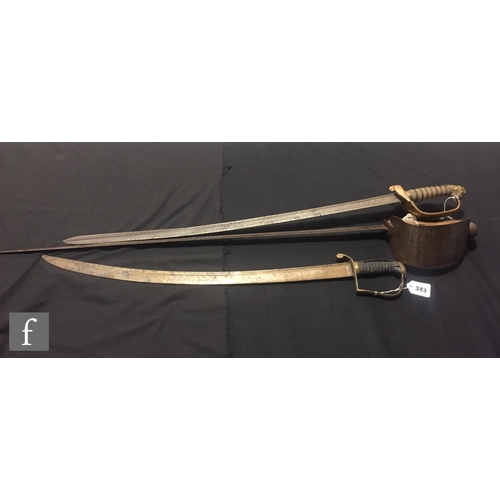 343 - A 19th Century naval officers dress sword with hinged guard and lion pommel, a World War One officer... 